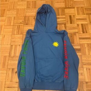 Clare V Blue Hoodie with Colorful Text and Sun Design